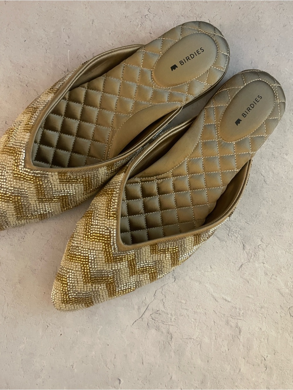 NWT Birdies “The Swan” Beaded Deco Chevron Mule Flats — Gold/Silver | Size 9.5 - Picture 2 of 8